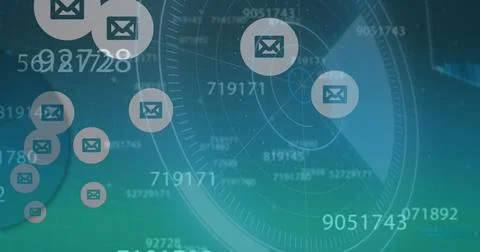 Image of message icons and changing numbers with scanning circles on abstract Stockfoto's