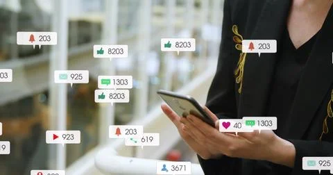 Image of message icons with changing numbers over midsection of caucasian woman Stock Photos