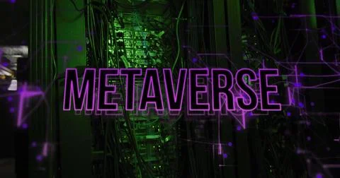 Image of metaverse text and network of connections over server room Foto stock