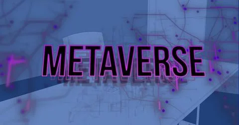 Image of metaverse text over desk with computer on blue background 스톡 일러스트