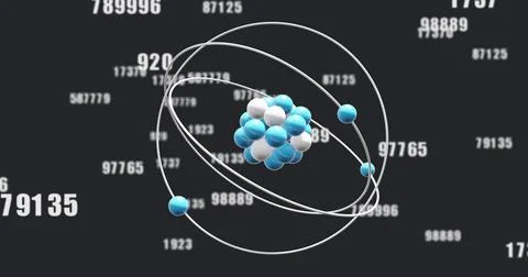 Image of micro of atom models and numbers over black background Stock Photos