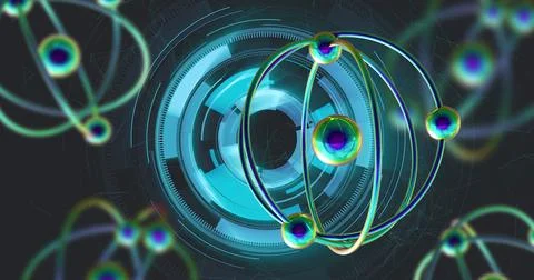Image of micro of atom models over black background Stock Photos