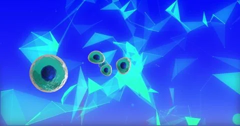 Image of micro of blue and turquoise cells over network on blue background イラスト素材