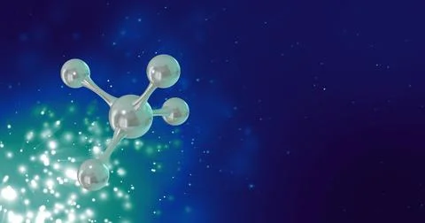 Image of micro of molecules models and light trails over blue background Stock Illustration