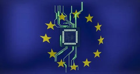 Image of, Microchip and circuit lines over European Union flag with yellow stars Stock Illustration