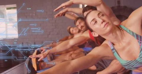 Image of microprocessor connection over diverse fit people performing stretching 写真素材