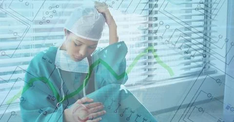 Image of microprocessor connections and globe over stressed biracial female.. 스톡 사진