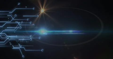 Image of microprocessor connections and lens flare against black background Stock Photos