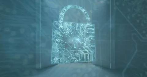 Image of microprocessor connections forming padlock icon against view of 스톡 사진