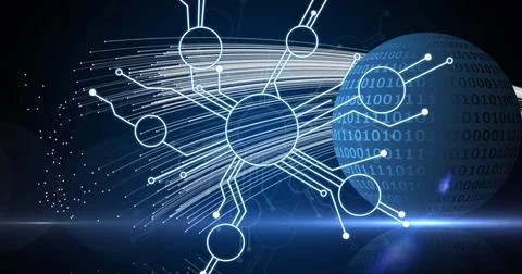 Image of microprocessor connections over binary coding over globe against blue Illustrazione stock