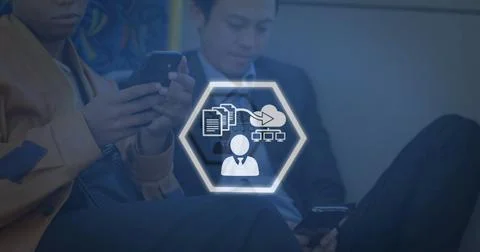 Image of microprocessor connections over businessman and businesswoman using Stockfoto's