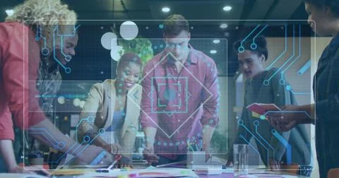 Image of microprocessor connections over diverse colleagues discussing over 스톡 사진