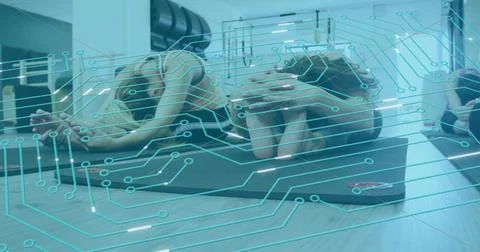 Image of microprocessor connections over group of diverse fit women practicing 스톡 사진