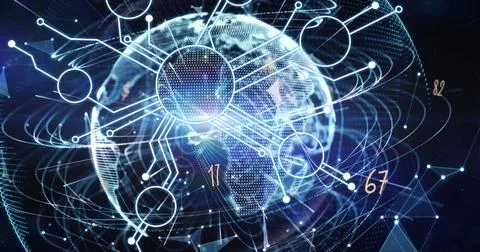 Image of microprocessor connections over light trails and globe against black Foto stock