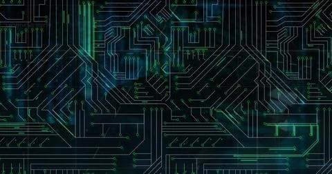 Image of microprocessor connections over male hacker using laptop Stockfoto's