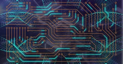 Image of microprocessor connections over neon tunnel and kaleidoscope structures Stockfoto's