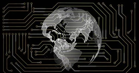 Image of microprocessor connections over spinning globe against black background Stockfoto's