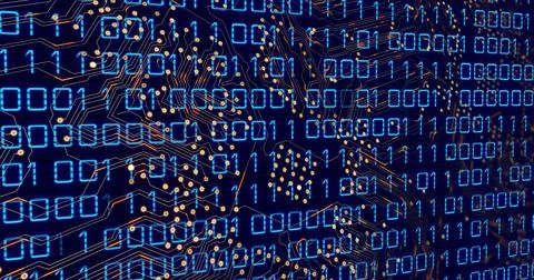 Image of microprocessor digitally generated image of heart icon against blue 스톡 사진