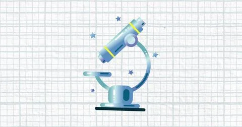 Image of microscope over blue grid on white Illustration