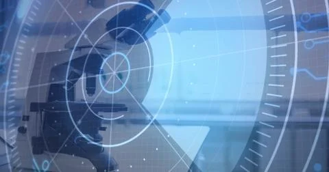 Image of microscope, scope and data processing Foto stock