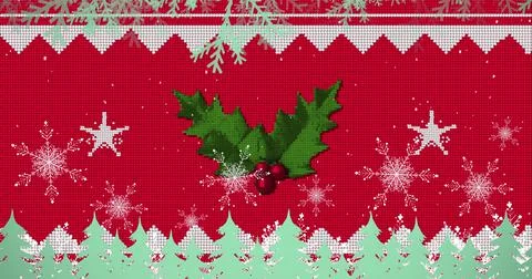 Image of mistletoe over christmas pattern on red background Stock Illustration