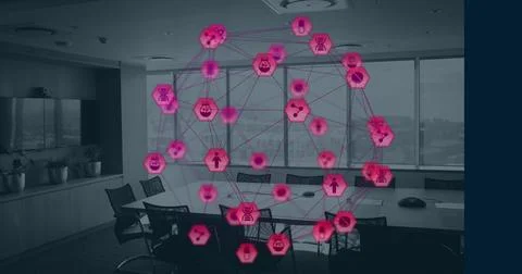 Image of mobile application icons forming globe and rotating in empty conference Stock Photos