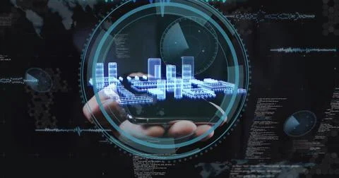 Image of model of computing board with hand over data processing Stockfoto's