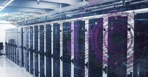 Image of modern data center with rows of servers and digital interface overlay 스톡 사진