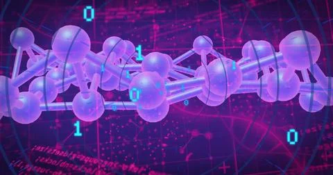 Image of molecular structure with digital data on purple and pink background Stock Illustration