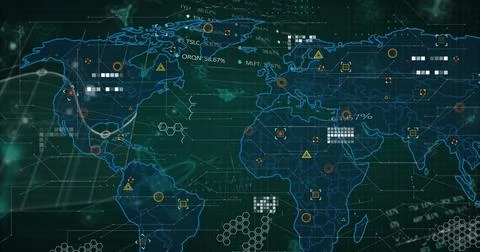 Image of molecular structures against data processing over world map on bla.. Stock Photos
