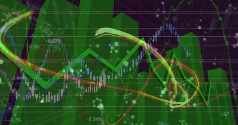 Image of molecular structures and light trails over financial and statistical Stock Photos