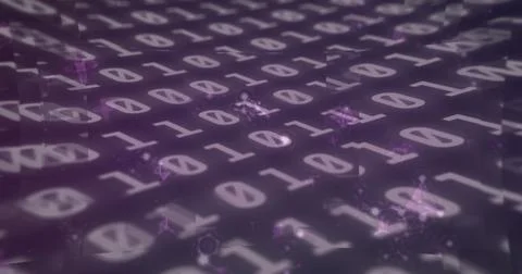 Image of molecular structures over binary coding data processing against purple Stock Photos