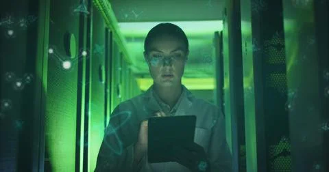 Image of molecular structures over caucasian female engineer using digital 写真素材