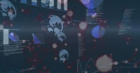 Image of molecular structures over round scanners and data processing on blue Stock Photos