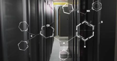Image of molecule structures against server room in background 스톡 사진