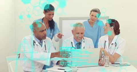 Image of molecule structures and computer language, diverse doctors discussing 스톡 사진