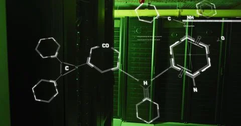 Image of molecule structures and computer language over illuminated server room Stock Photos