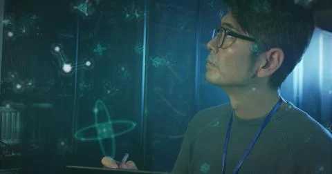 Image of molecule structures, asian man checking data server using digital Stock Photos