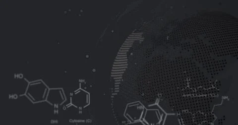 Image of molecule structures, computer language over dots on globe against Stock Photos