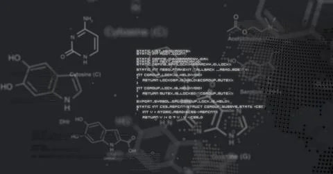 Image of molecule structures, computer language over dots on globe against Stock Photos
