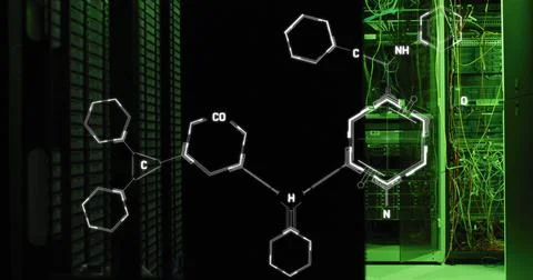 Image of molecule structures over illuminated server room in background Foto stock