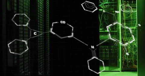 Image of molecule structures over illuminated server room in background Stock-Fotos