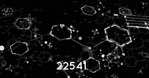 Image of molecules and data processing over chemical formula on black background イラスト素材