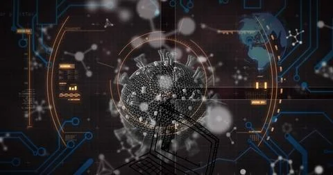 Image of molecules and data processing over virus cells Illustrazione stock