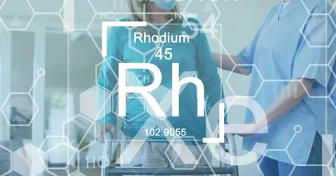 Image of molecules and elements over senior caucasian woman and female doctor Fotos Stock