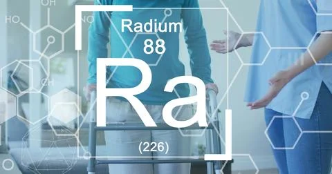 Image of molecules and elements over senior caucasian woman and female doctor Fotos Stock