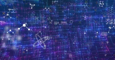 Image of molecules and lights on blue and violet background Stock Illustration