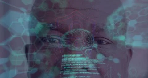 Image of molecules with brain and data processing over african american man Stock Photos