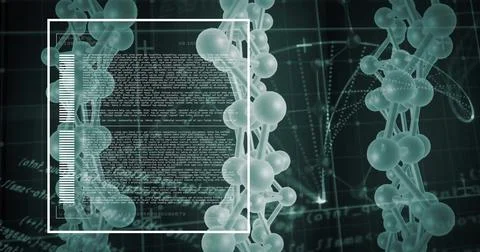 Image of molecules moving over data processing on black background Stock Illustration