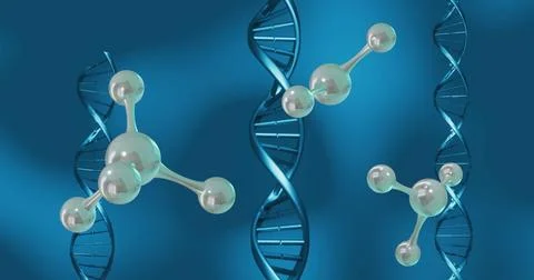 Image of molecules moving over dna strands spinning Stock Illustration